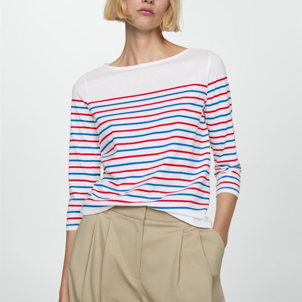 Mango White with Blue/Red Striped Boat-Neck T-Shirt/NWT/S